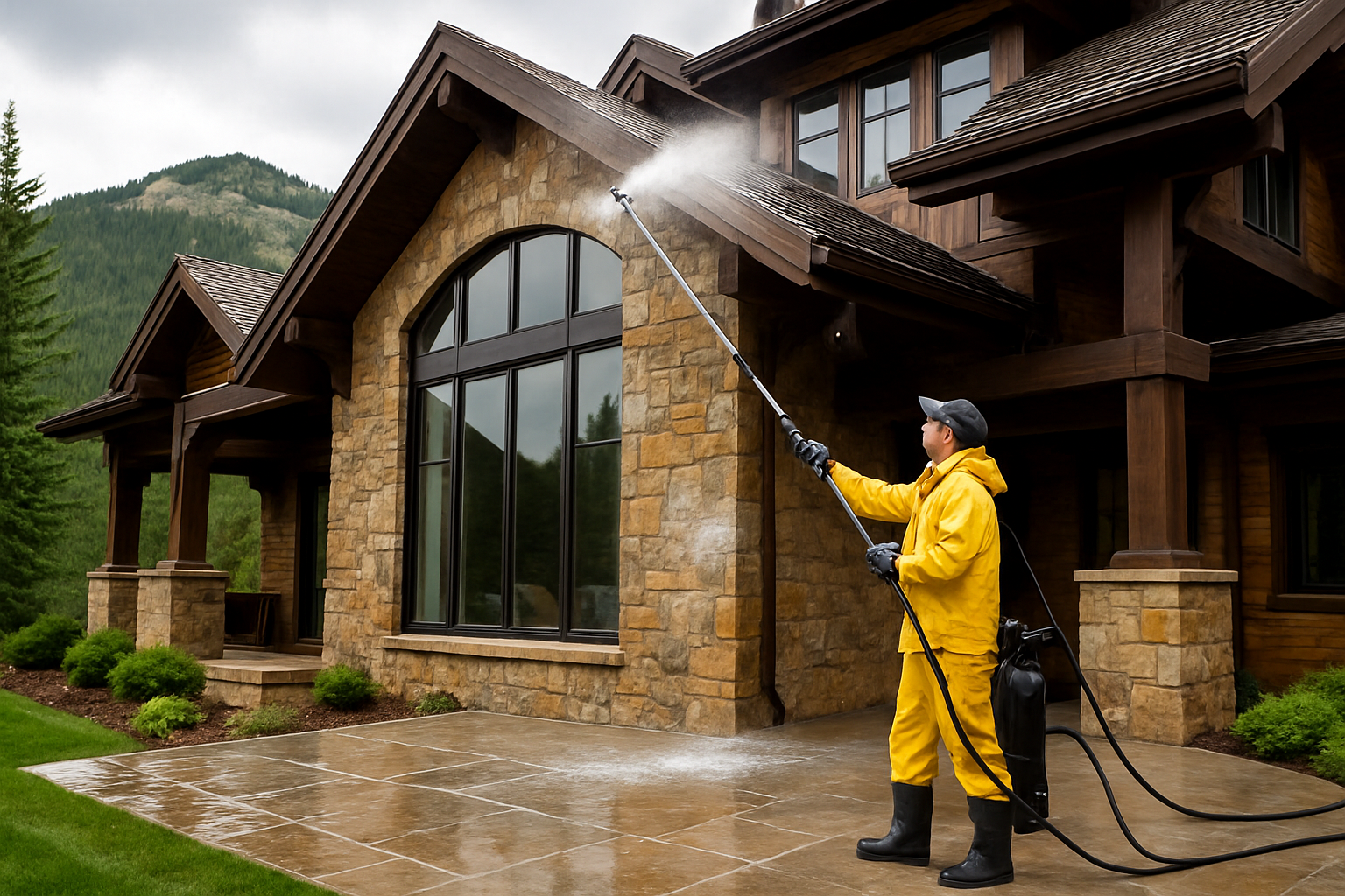 Professional exterior cleaning of a luxury mountain property Professional exterior cleaning of a luxury mountain property