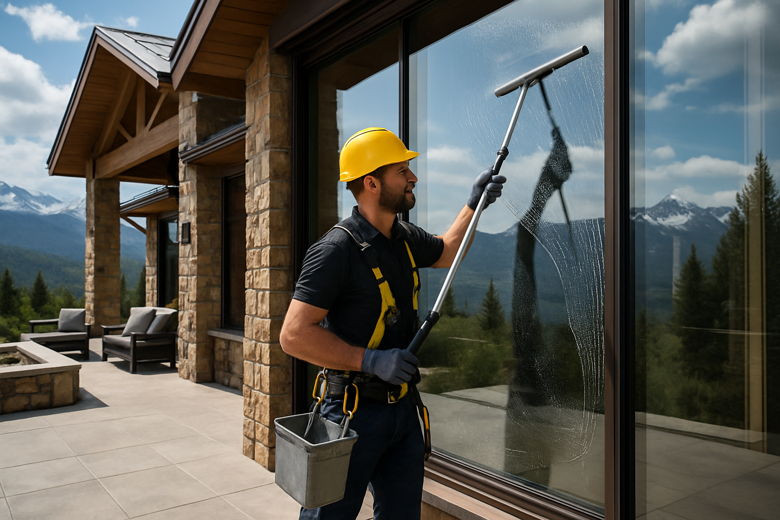 Professional window cleaning on a luxury mountain property