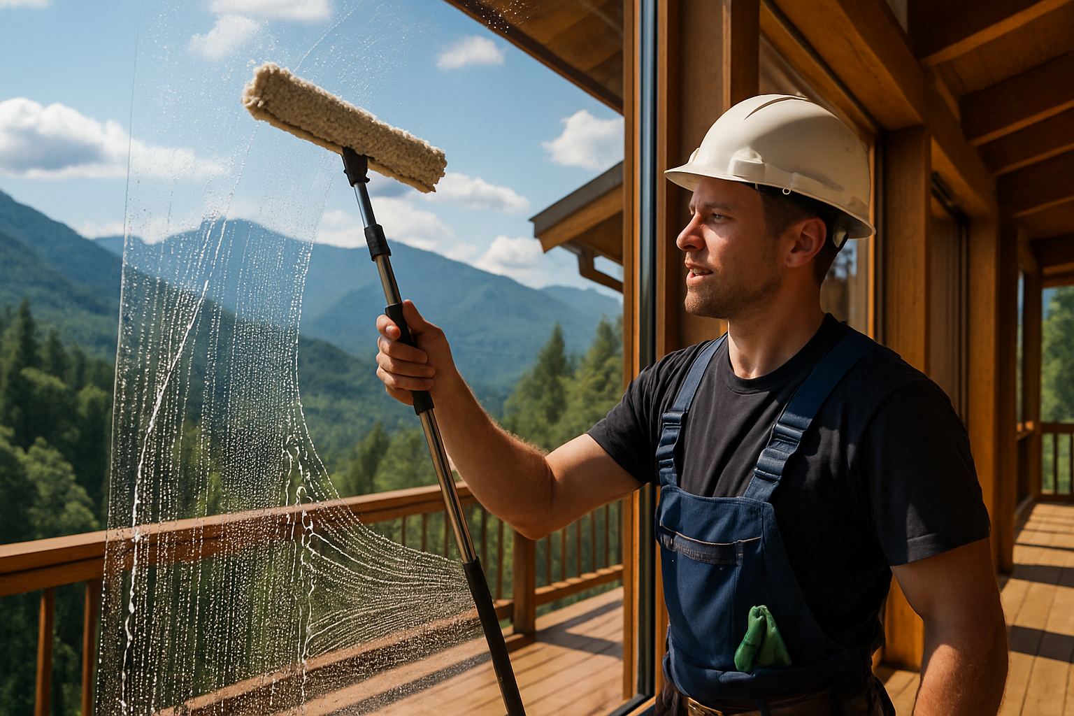 Professional window cleaning on a mountain property Professional window cleaning on a mountain property